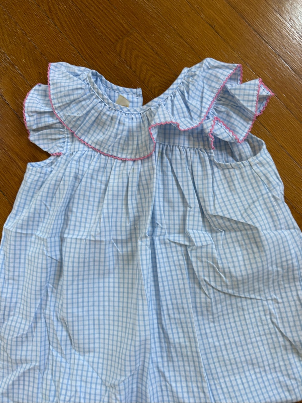 Blue & White Check Ruffle Sundress with Pink Trim
